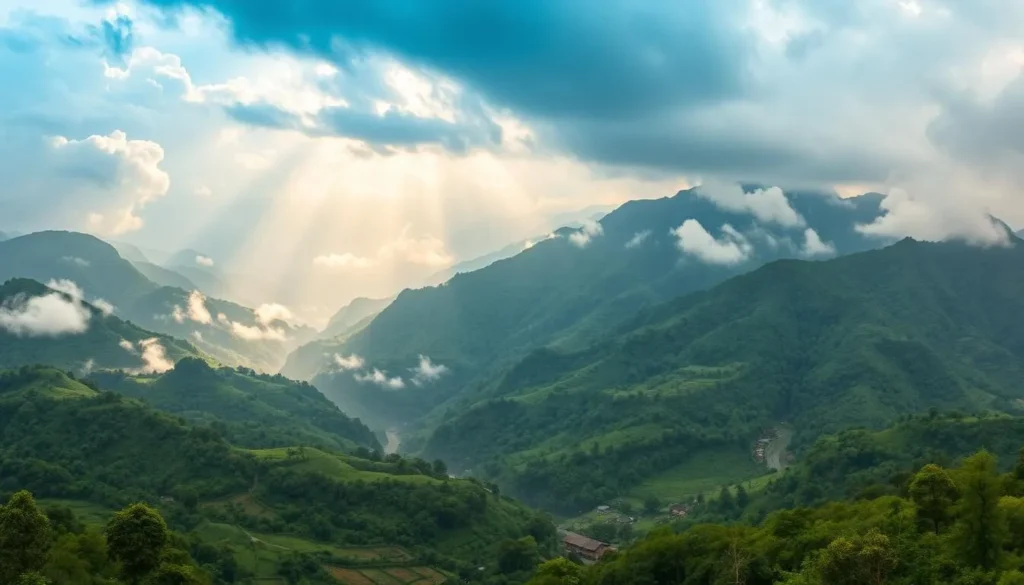 Seasonal landscape of Luang Prabang Range showing the lush green mountains during wet season with mist rising from the valleys