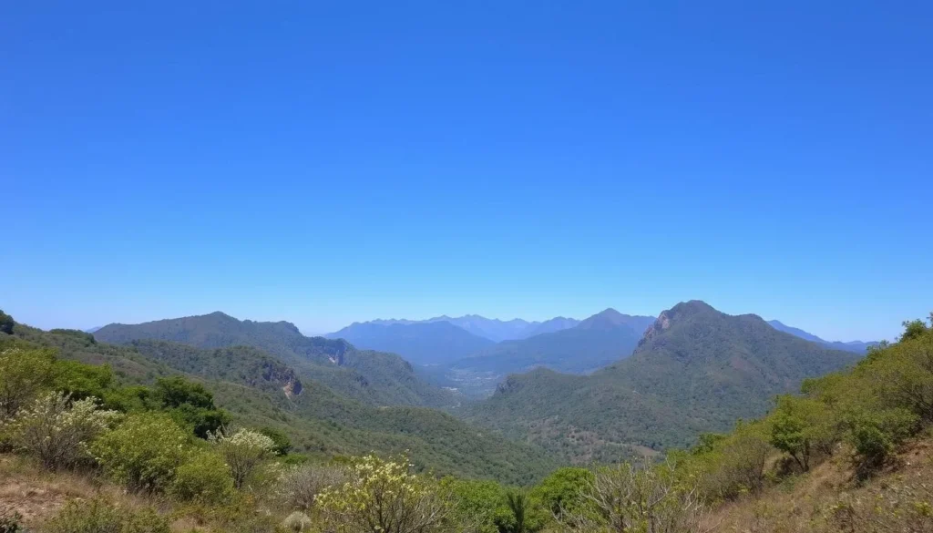 Seasonal landscape of Phou Luang Massif showing clear skies and blooming vegetation during dry season