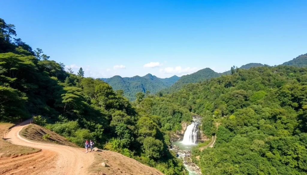 Seasonal landscape of Phou Xieng Thong National Protected Area during the dry season showing clear trails and accessible waterfalls