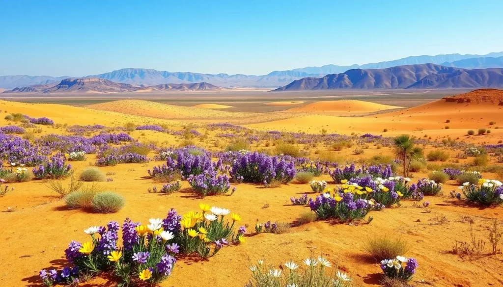 Seasonal landscape of Sanghr Jabbess National Park showing spring wildflowers in bloom across the desert terrain