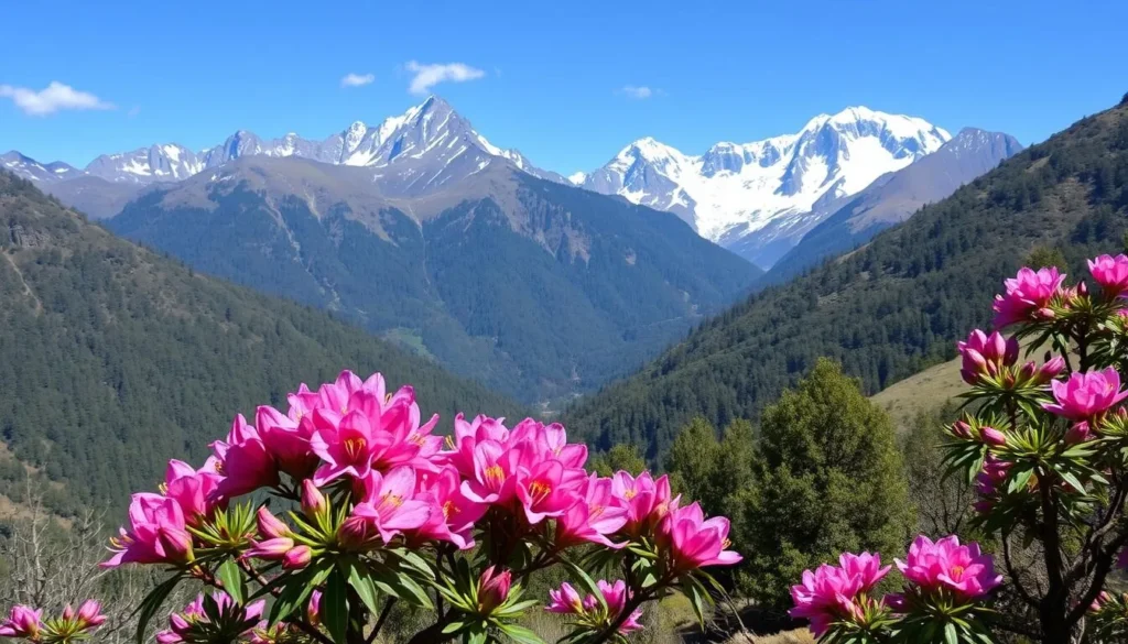 Seasonal landscape of Torsa Strict Nature Reserve Mountains in Bhutan during spring with blooming rhododendrons