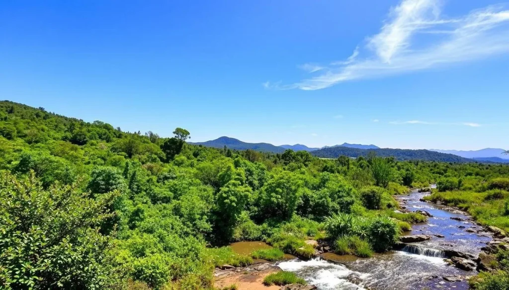 Seasonal view of Amboro National Park during dry season showing clear skies and vibrant landscapes
