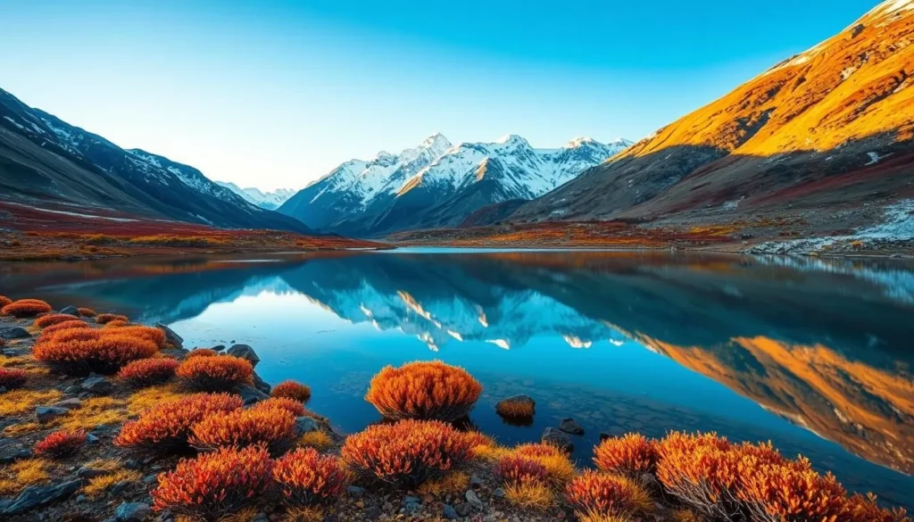 Seasonal view of Raphstreng Tsho in autumn with clear skies and fall colors
