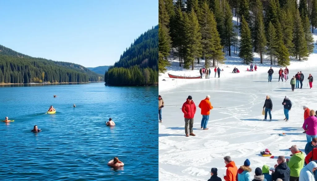 Seasonal view of a Russian lake showing summer activities with boats and swimmers Seasonal view of a Russian lake showing summer activities with boats and swimmers