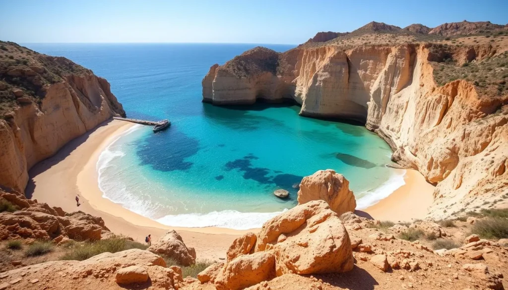 Secluded beach cove with turquoise waters surrounded by dramatic cliffs in Bahia de Loreto National Park