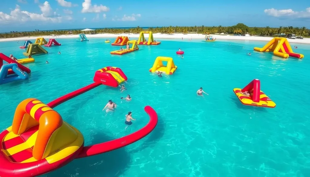 Secret Beach Waterpark with inflatable obstacles and people enjoying activities in the clear water