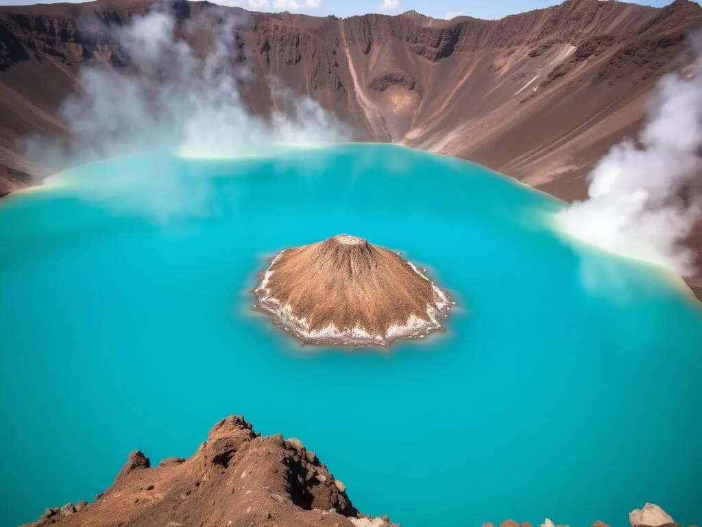 Segara Anak crater lake at Taman Nasional Gunung Rinjani with turquoise waters