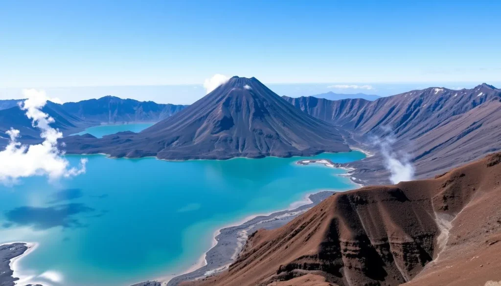 Segara Anak crater lake with the new volcano cone rising from its waters at Mount Rinjani Segara Anak crater lake with the new volcano cone rising from its waters at Mount Rinjani
