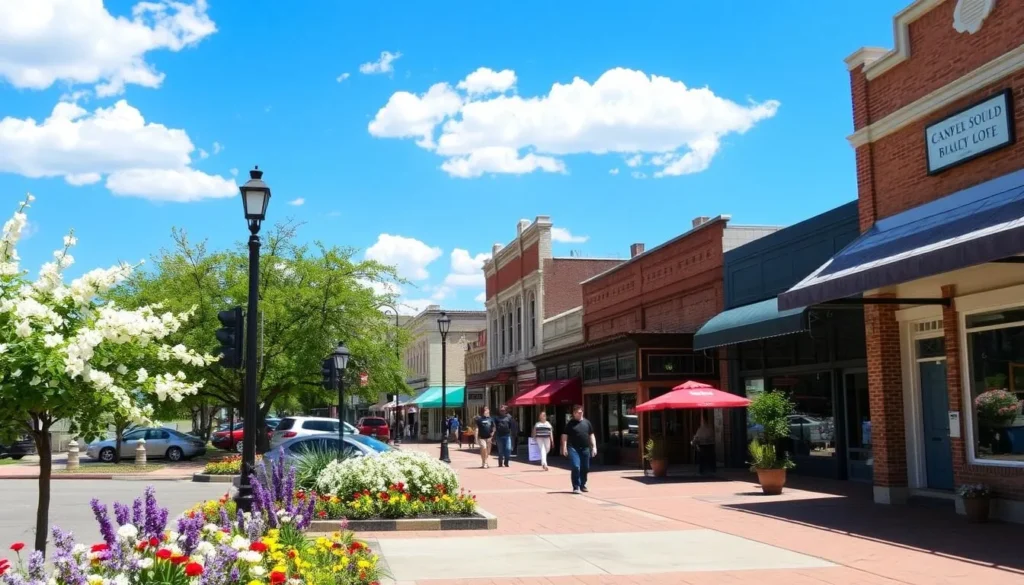 Seguin Texas downtown area during spring with blooming flowers and clear blue skies