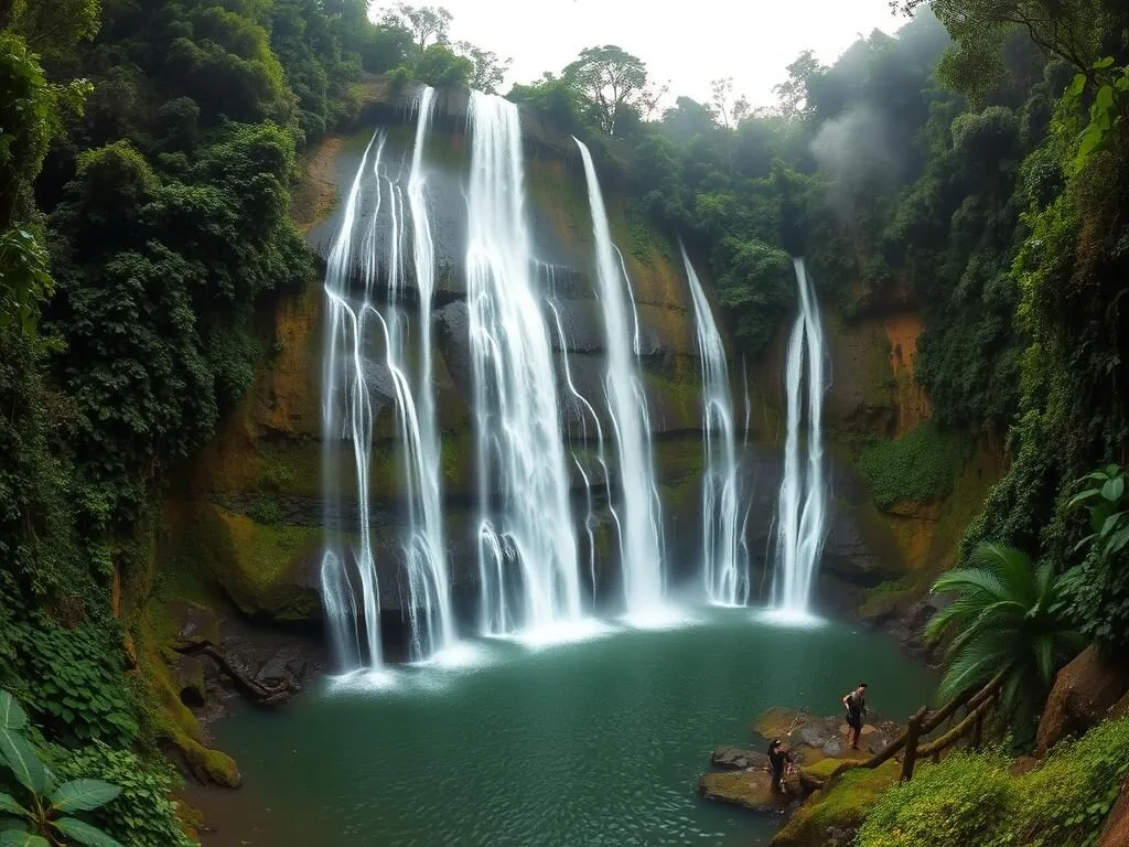 Sekumpul Waterfall showing multiple cascades surrounded by dense jungle vegetation