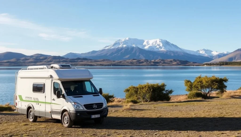 Self-contained campervan parked at a Lake Pukaki freedom camping spot with Mount Cook view