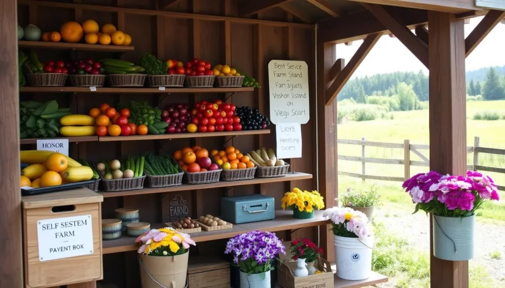 Self-service farm stand on Vashon Island with fresh seasonal produce and honor system payment box Self-service farm stand on Vashon Island with fresh seasonal produce and honor system payment box