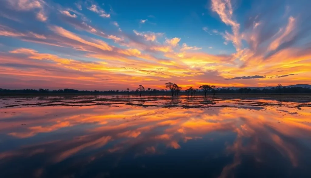 Serene lake view at Lake Sentarum National Park with perfect reflections at sunset Serene lake view at Lake Sentarum National Park with perfect reflections at sunset