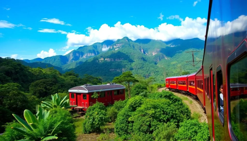 Serra Verde Express train journey through the lush Atlantic Rainforest with mountain views