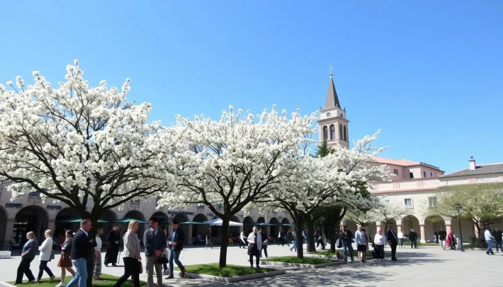 Settat's main square during spring with blooming trees and pleasant weather