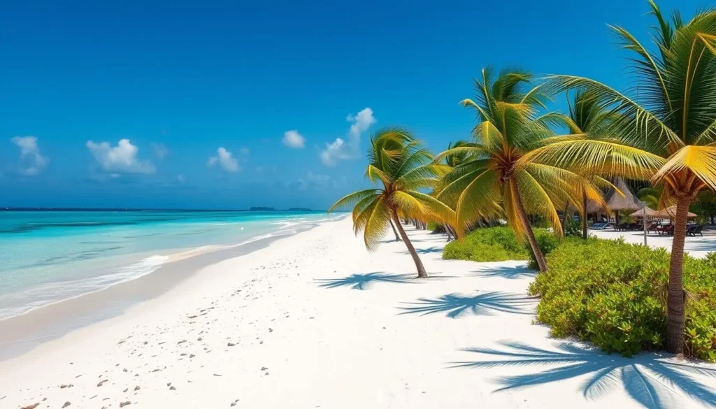 Seven Mile Beach in Grand Cayman during perfect weather with palm trees and clear blue skies