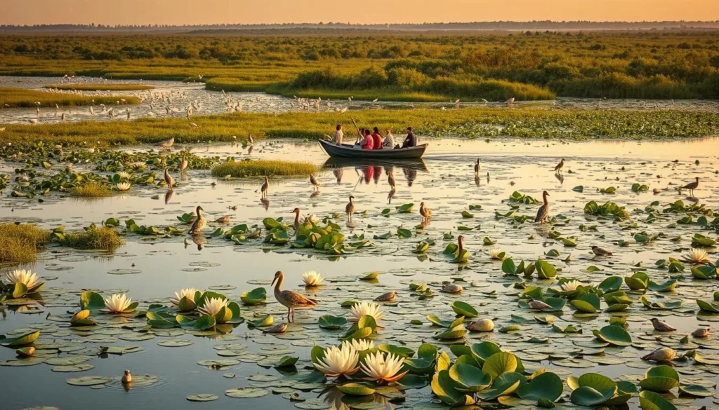 Shadegan Wetlands near Ahaz with diverse birdlife and lush vegetation Shadegan Wetlands near Ahaz with diverse birdlife and lush vegetation