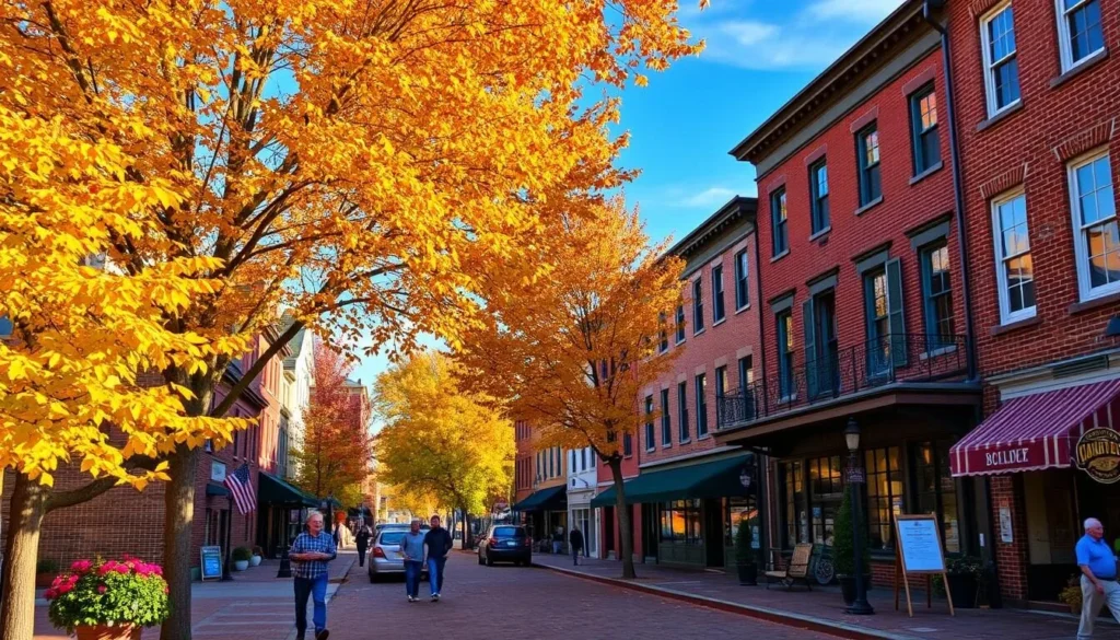 Shepherdstown main street in autumn with colorful fall foliage and historic buildings