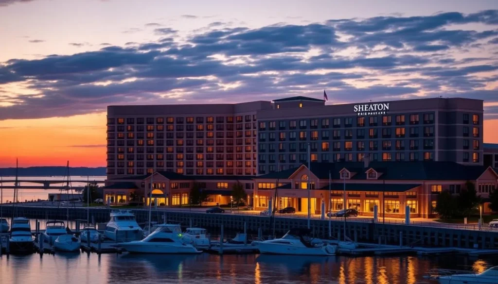 Sheraton Erie Bayfront Hotel with views of Presque Isle Bay at sunset