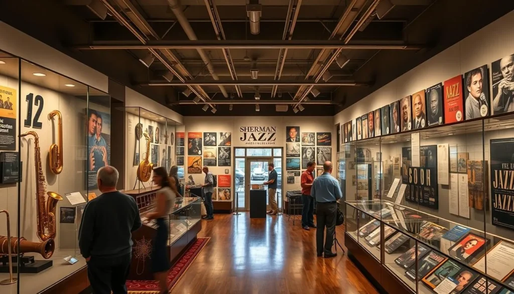 Sherman Jazz Museum interior showing vintage instruments and memorabilia Sherman Jazz Museum interior showing vintage instruments and memorabilia