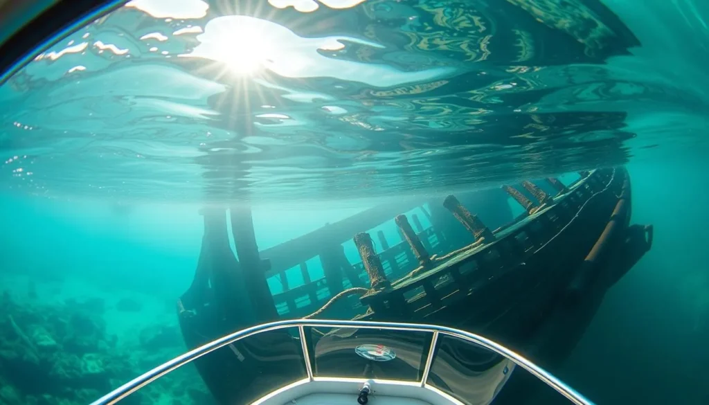 Shipwreck visible through glass bottom boat at Big Tub Harbour near Flowerpot Island