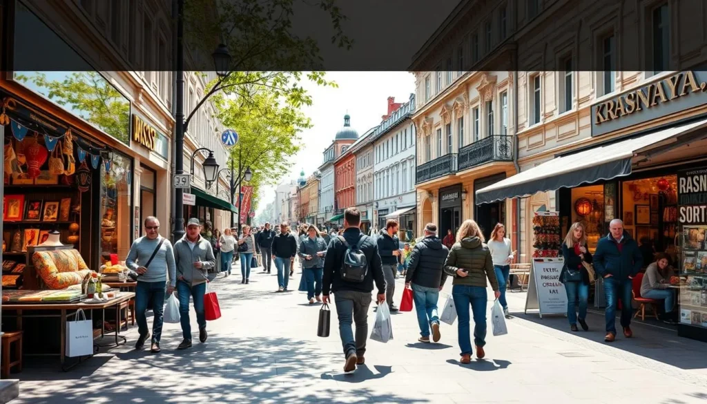 Shopping area on Krasnaya Street in Krasnodar with boutiques and souvenir shops