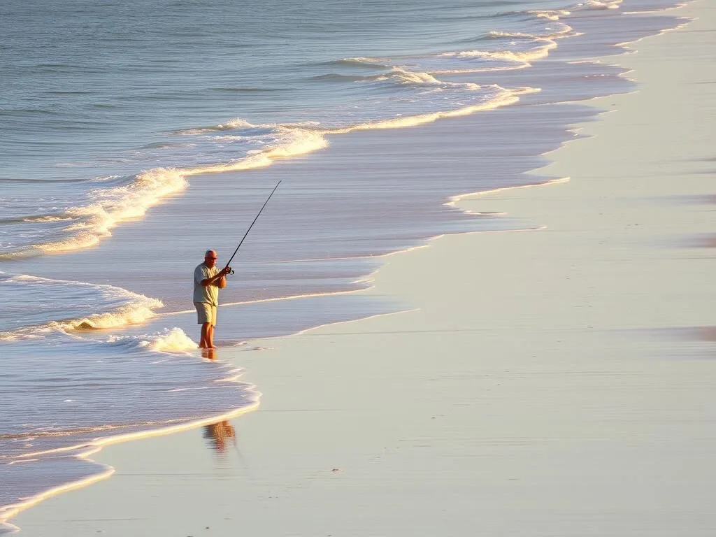 Shore fishing at North Peninsula State Park with angler casting into surf