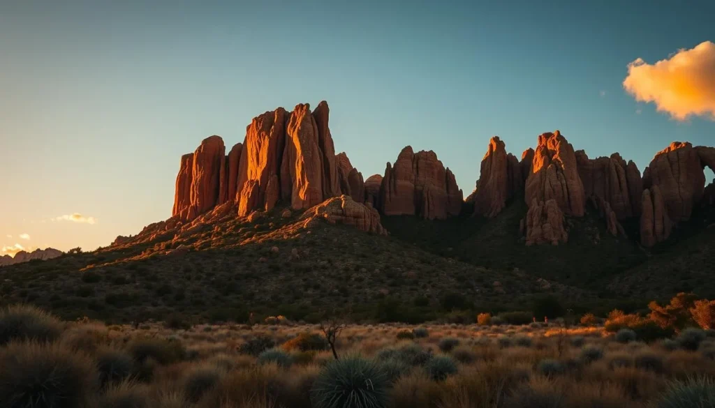 Sierra de Organos National Park during sunset with golden light illuminating the rock formations