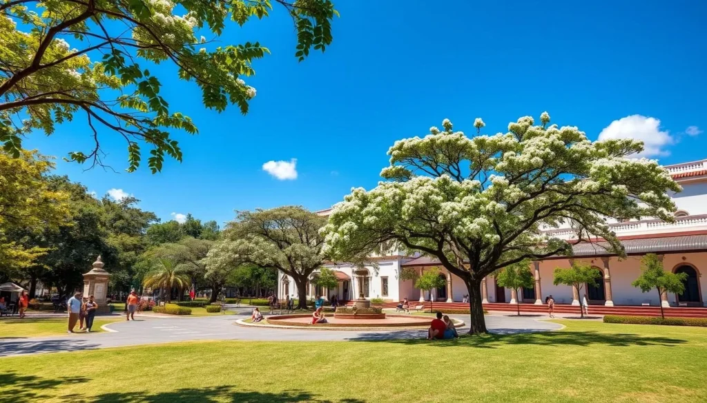 Siguatepeque central park during dry season with clear blue skies and flowering trees