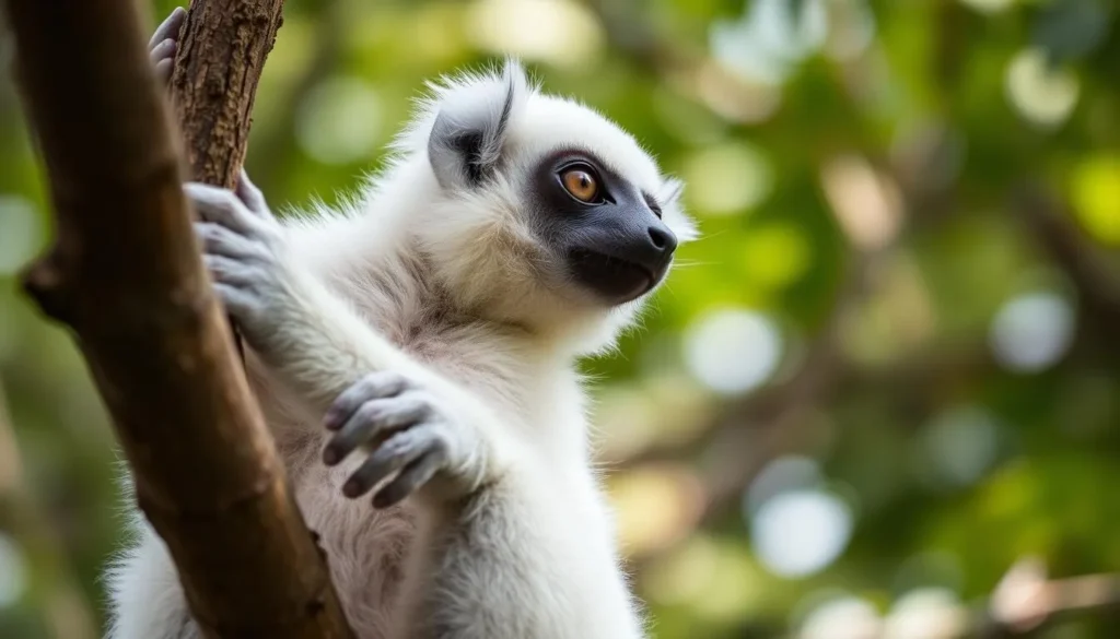 Silky sifaka lemur with white fur in Marojejy National Park