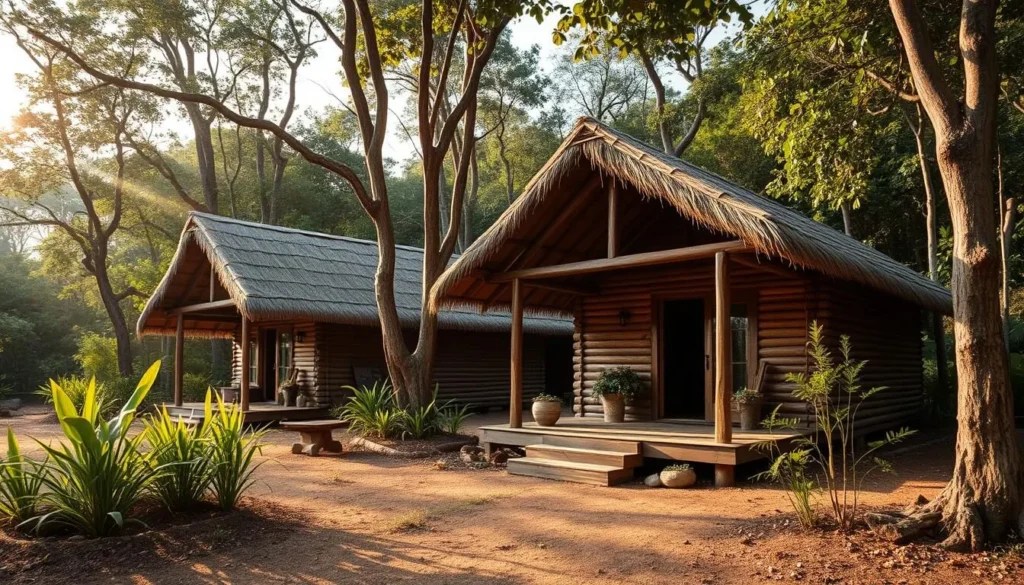 Simple eco-lodge accommodation near Bukit Tigapuluh National Park with traditional wooden structures Simple eco-lodge accommodation near Bukit Tigapuluh National Park with traditional wooden structures
