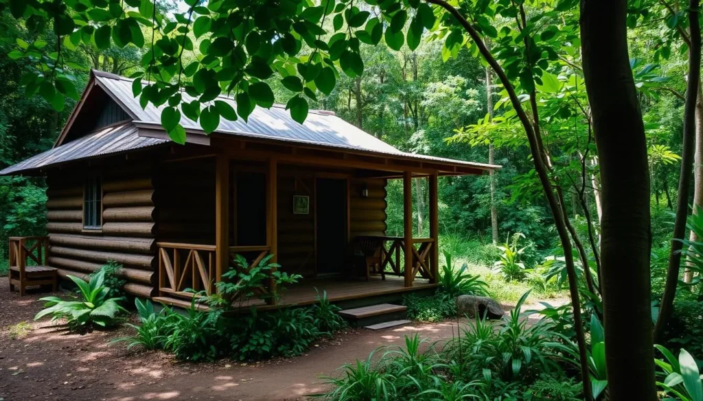Simple eco-lodge accommodations near La Muralla National Park with forest views