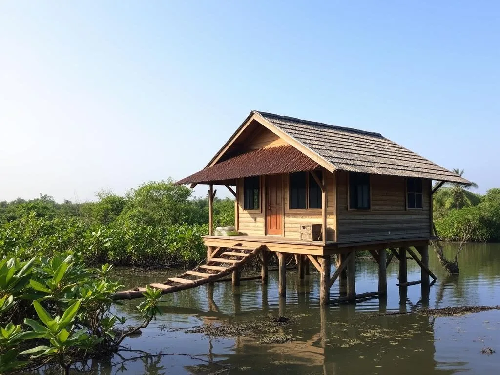 Simple guesthouse on Handeleum Island surrounded by mangroves