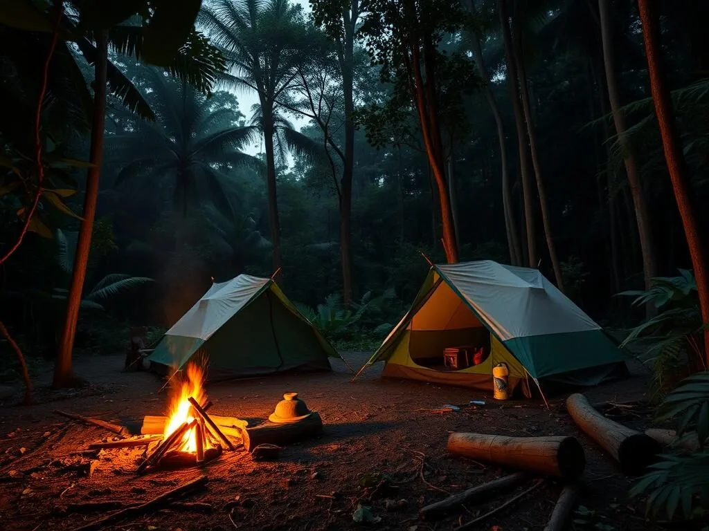 Simple jungle camp with tents set up in a small clearing in Kayan Mentarang National Park rainforest