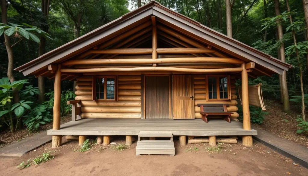 Simple wooden bungalow accommodation in Mount Palung National Park surrounded by rainforest