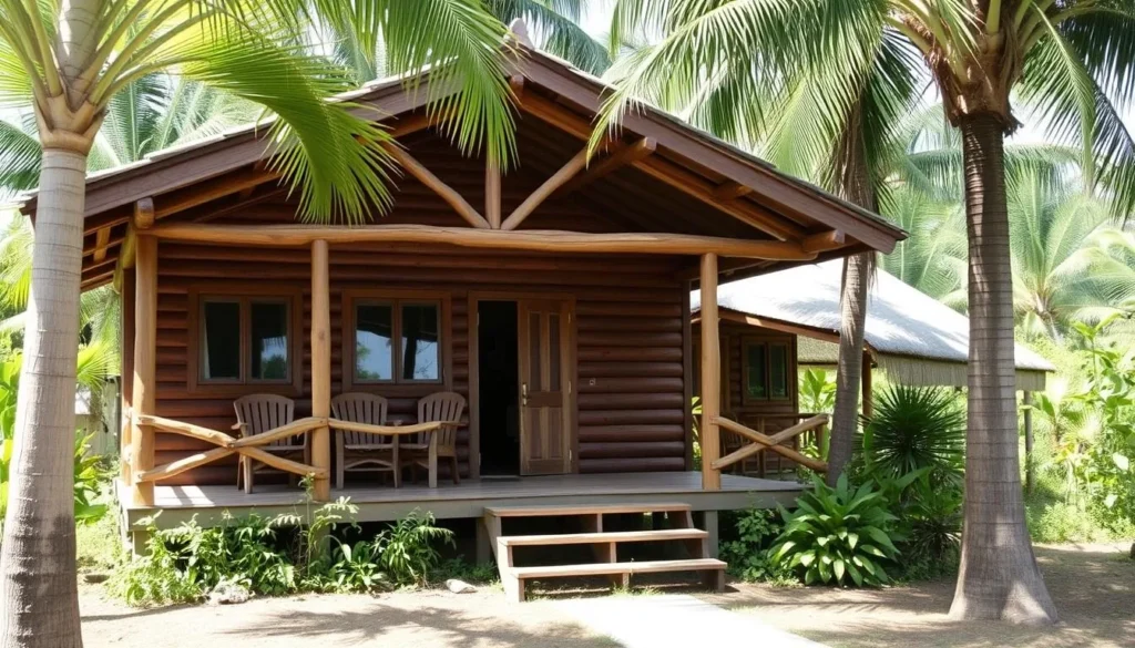 Simple wooden guesthouse near Rawa Aopa Watumohai National Park surrounded by tropical vegetation