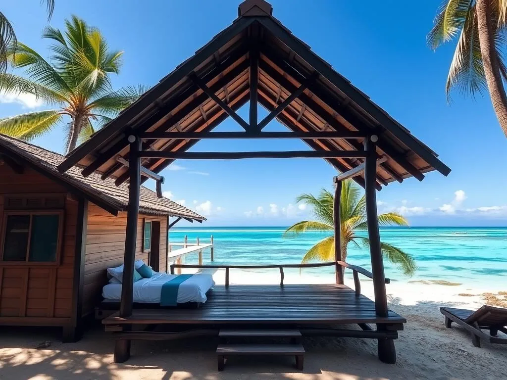 Simple wooden homestay on Tinabo Island with ocean view and palm trees