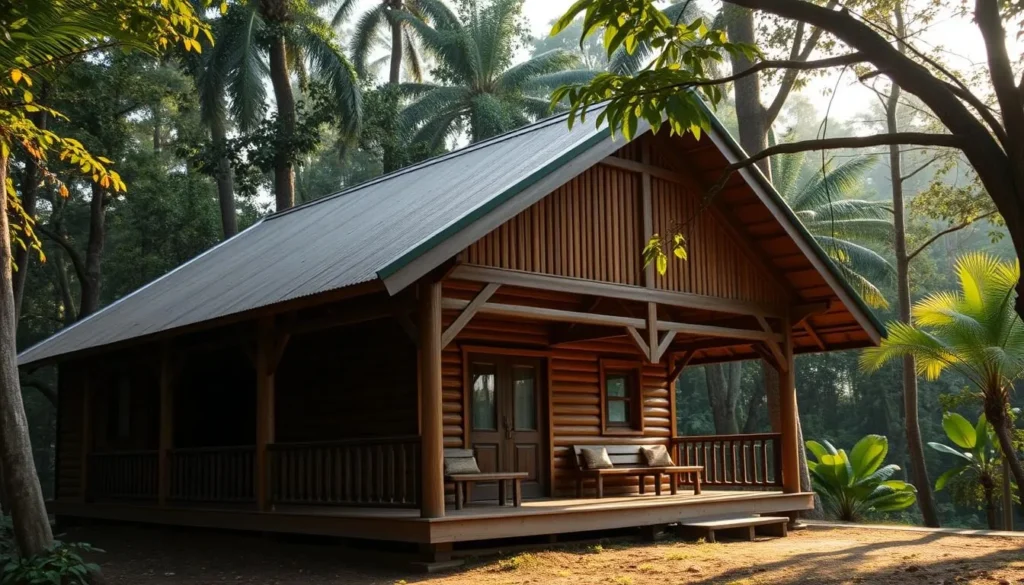 Simple wooden ranger station accommodation at Tesso Nilo National Park surrounded by rainforest