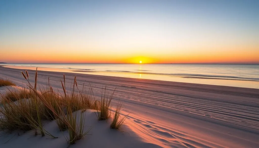 Singing Sands Beach at sunset with shallow waters and sandy shoreline Singing Sands Beach at sunset with shallow waters and sandy shoreline