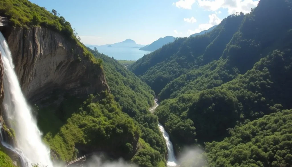 Sipiso-Piso Waterfall cascading 120 meters down into Lake Toba valley with rainbow