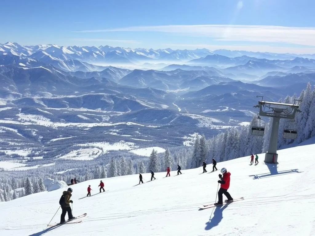 Skiers and snowboarders at June Mountain Ski Area with panoramic mountain views