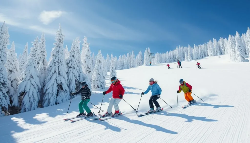 Skiers and snowboarders enjoying the slopes at Blue Mountain Resort in winter