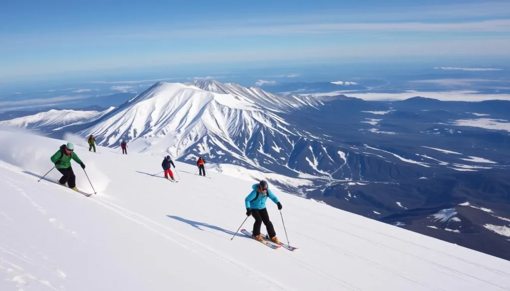 Skiers and snowboarders on the slopes of Mt Ruapehu at Whakapapa ski field Skiers and snowboarders on the slopes of Mt Ruapehu at Whakapapa ski field
