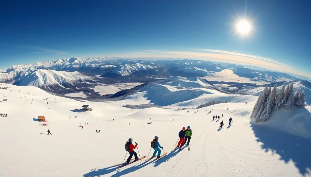 Skiers at Cerro Catedral ski resort with mountain panorama