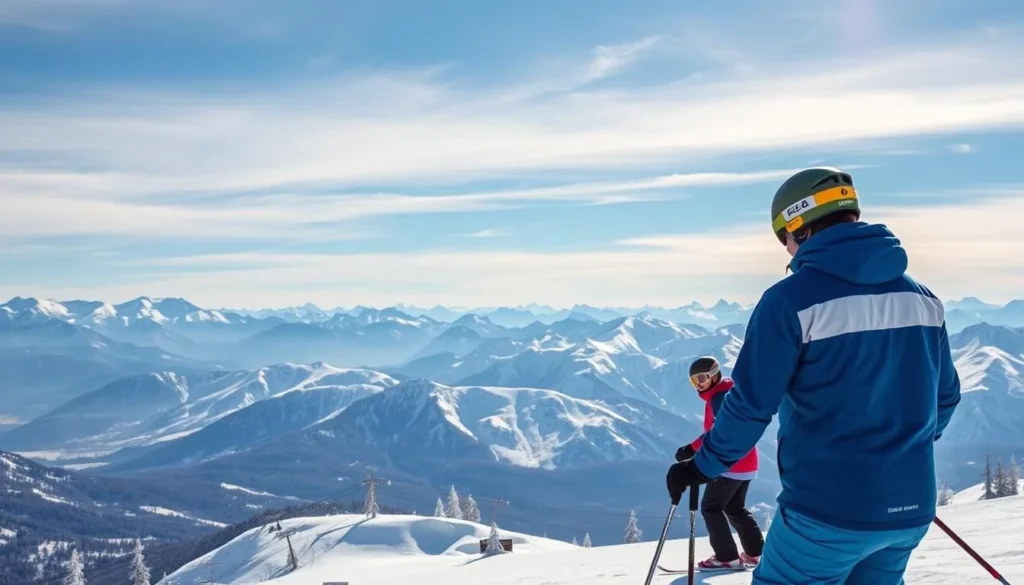 Skiers at Cerro Catedral with panoramic mountain views