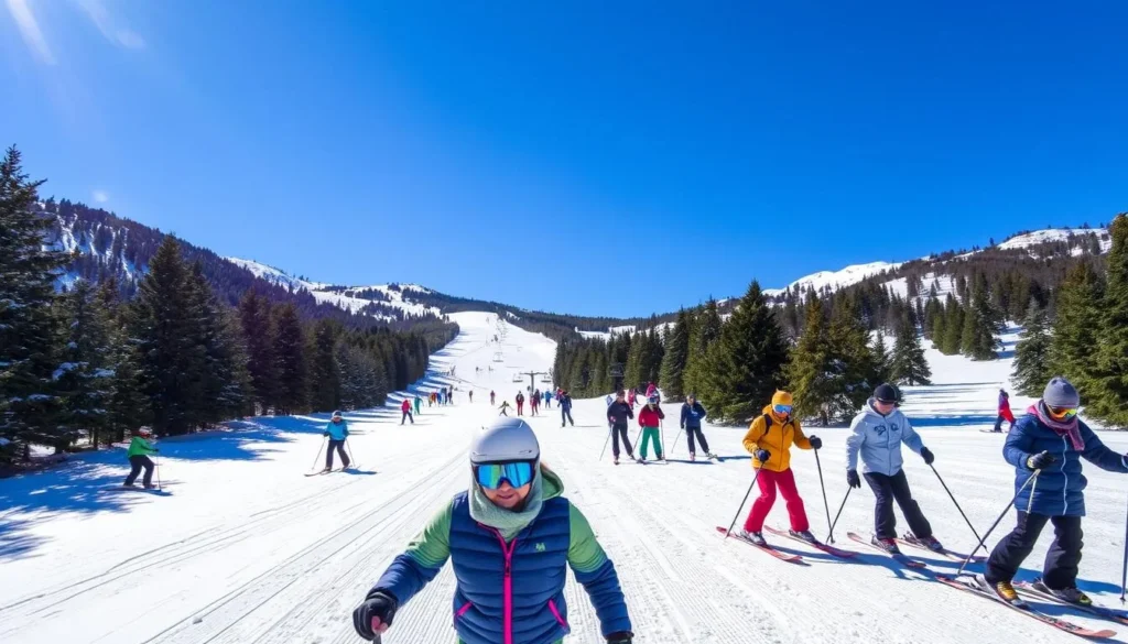 Skiers at the Cedars Ski Resort near Bcharri with snow-covered slopes and cedar trees