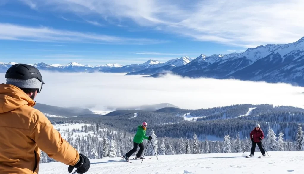 Skiers enjoying fresh powder at Telluride Ski Resort with mountain panorama Skiers enjoying fresh powder at Telluride Ski Resort with mountain panorama