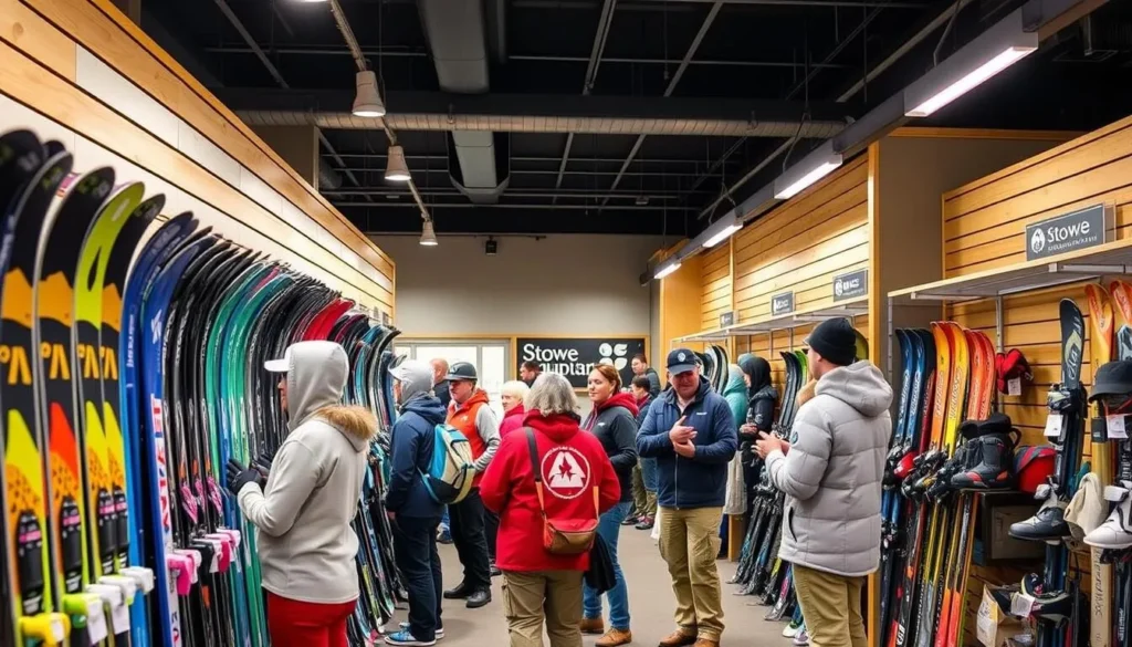 Skiers preparing equipment at Stowe Mountain Resort with rental shop in background Skiers preparing equipment at Stowe Mountain Resort with rental shop in background