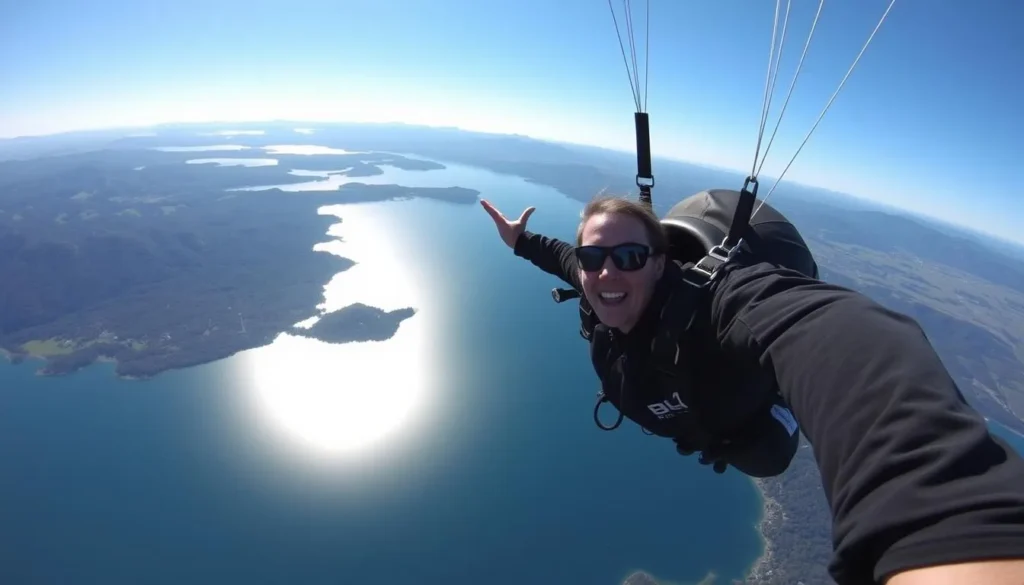 Skydiving over Lake Taupo with panoramic views of the lake and surrounding mountains