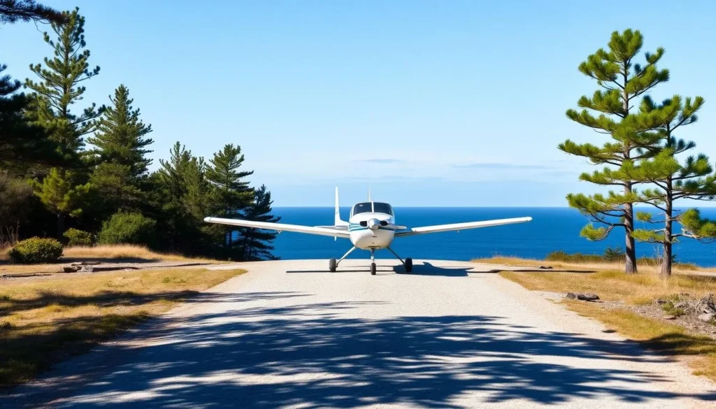 Small Cessna plane landing on Matinicus Island's gravel airstrip Small Cessna plane landing on Matinicus Island's gravel airstrip